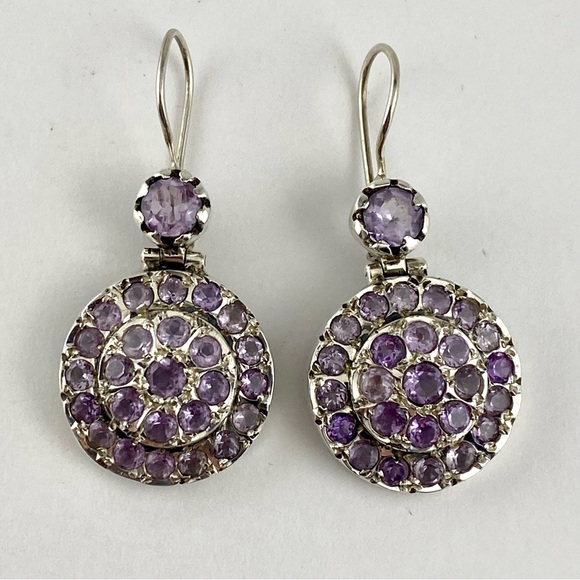 Vintage Jewelry - Vintage Amethyst and Silver Medallion Drop Earrings